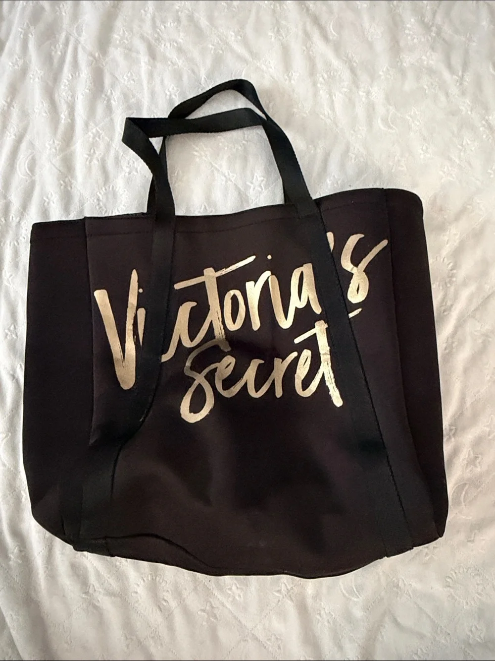 Victoria's Secret Black Beach Tote with bottle insulation -Metallic Gold Script